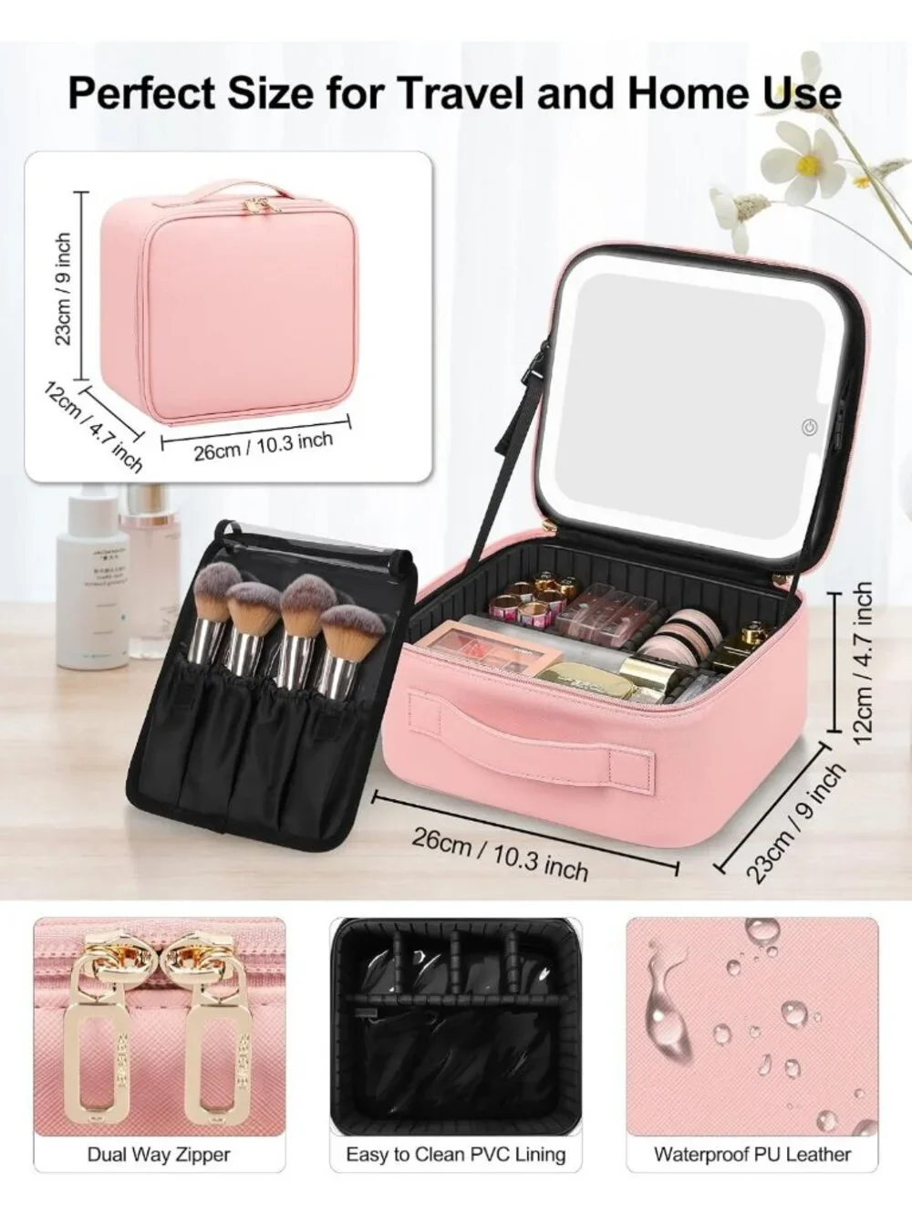 LED Makeup Bag with Mirror, Pink Cosmetic Organizer, Removable Brush